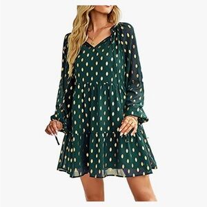 Women Green Polka Dot Long Sleeve Dress